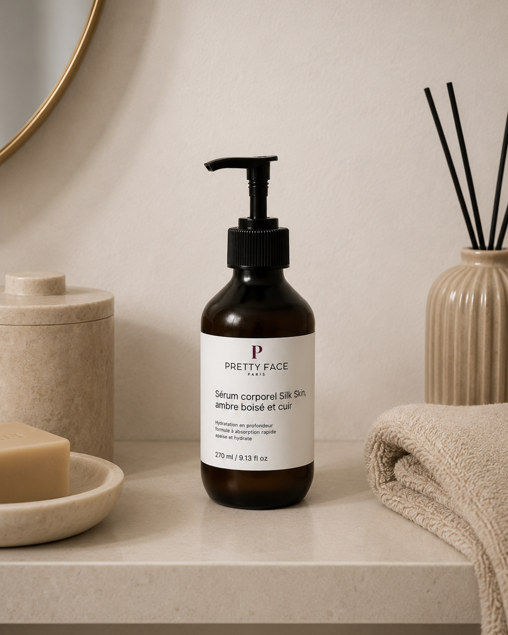 Sérum corporel Silk Skin, ambre boisé et cuir